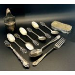 A Victorian Elkington & Co silver tray, a cased condiment set, a box set of a fork and spoon, a