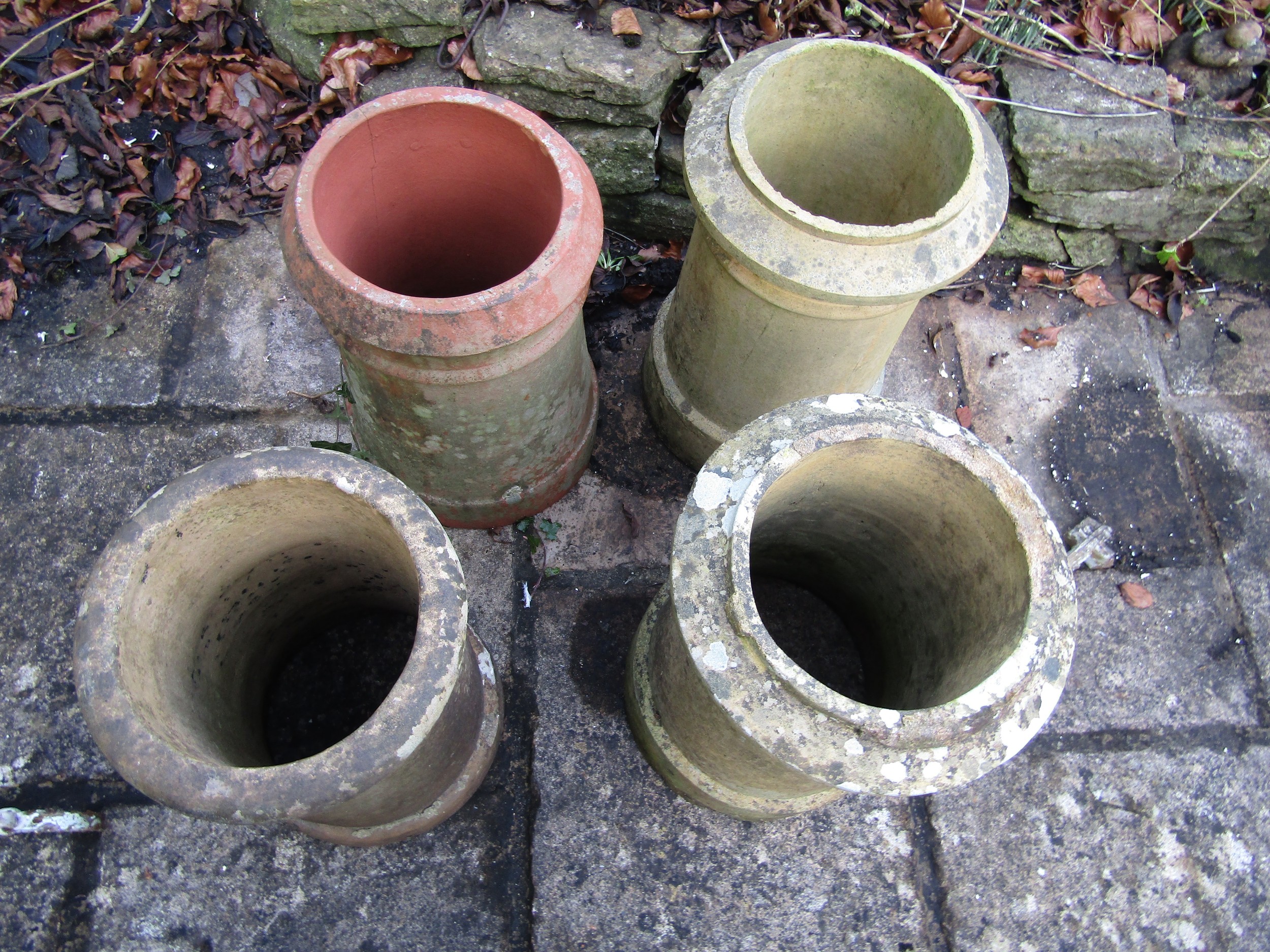 Four weathered chimney pots, slight variation in height and design, 47cm tall max (af) - Image 3 of 3