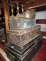 A miscellaneous collection of items including, a black tin trunk initialled EW, two further metal