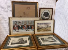 A group of seven prints and artworks, to include: two pastel portraits of a spaniel, one