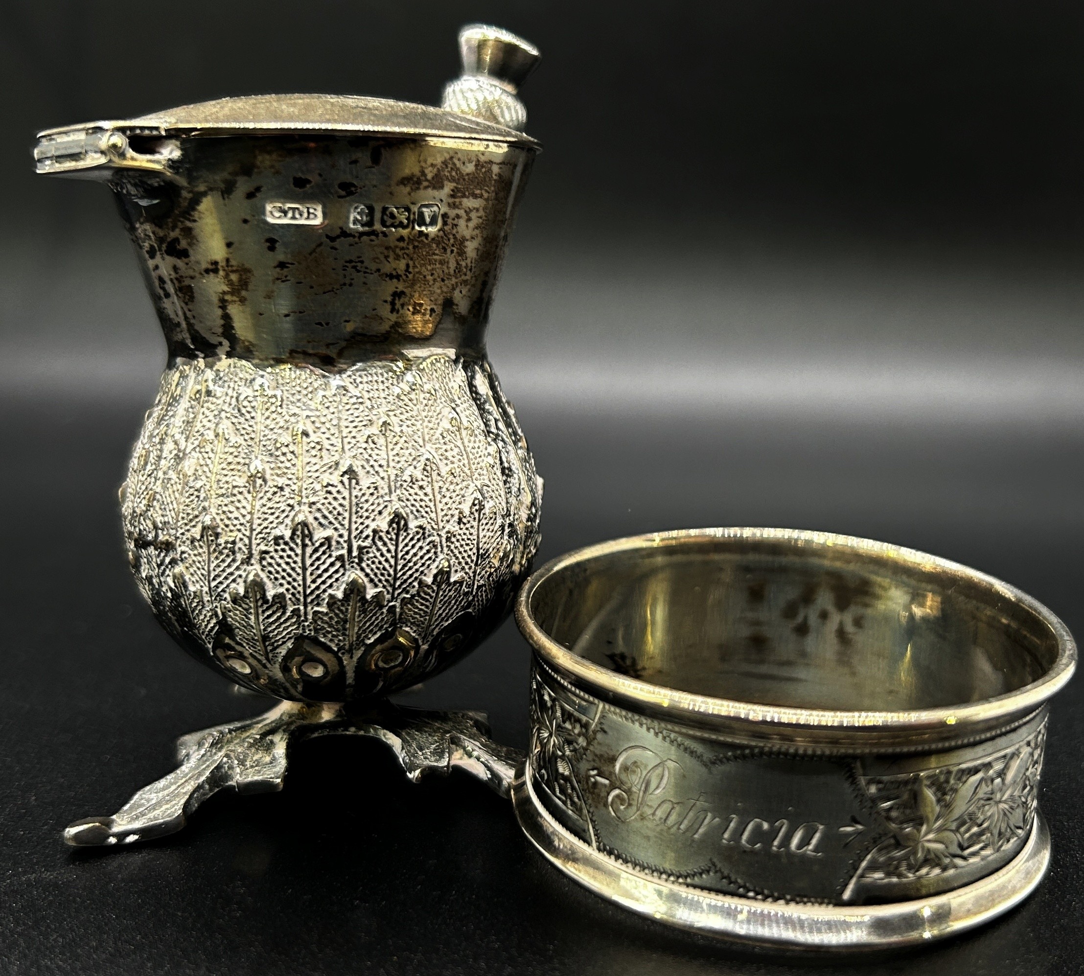 A quantity of silver including a hand mirror, napkin ring, two souvenir spoons, thistle salt pot and - Image 4 of 4