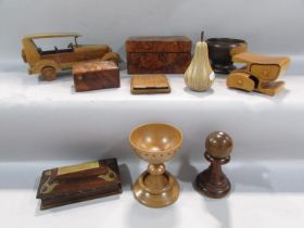 Mixed treen to include a burr walnut box, a vintage model car, a bowling ball, a pear, a chalice,