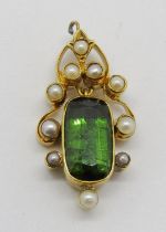 Small section of yellow metal jewellery set with a green tourmaline and seed pearls, 2.3cm L approx,