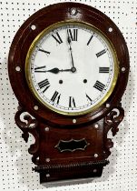A 19th century drop dial wall clock with mother of pearl and string inlaid detail and eight day
