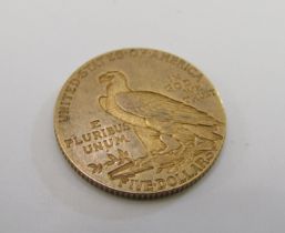 Gold USA $5 dollar coin, Indian head, half Eagle, $5 dollar coin, 1915 8g