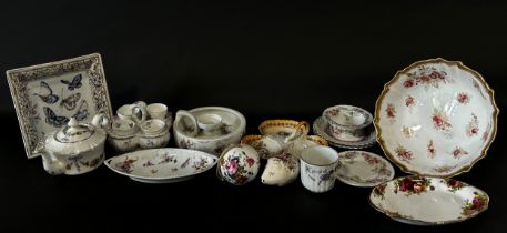 19th century and later ceramics including Rockingham style teapot, hors d'oeuvres dishes, egg cruet,