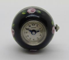 C. Bucherer, a ladies’ enamelled silver ball / orb pendant watch, the silvered dial with black