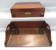 A mahogany document box with an inner division 39cm wide and a high sided mahogany porters tray (2)