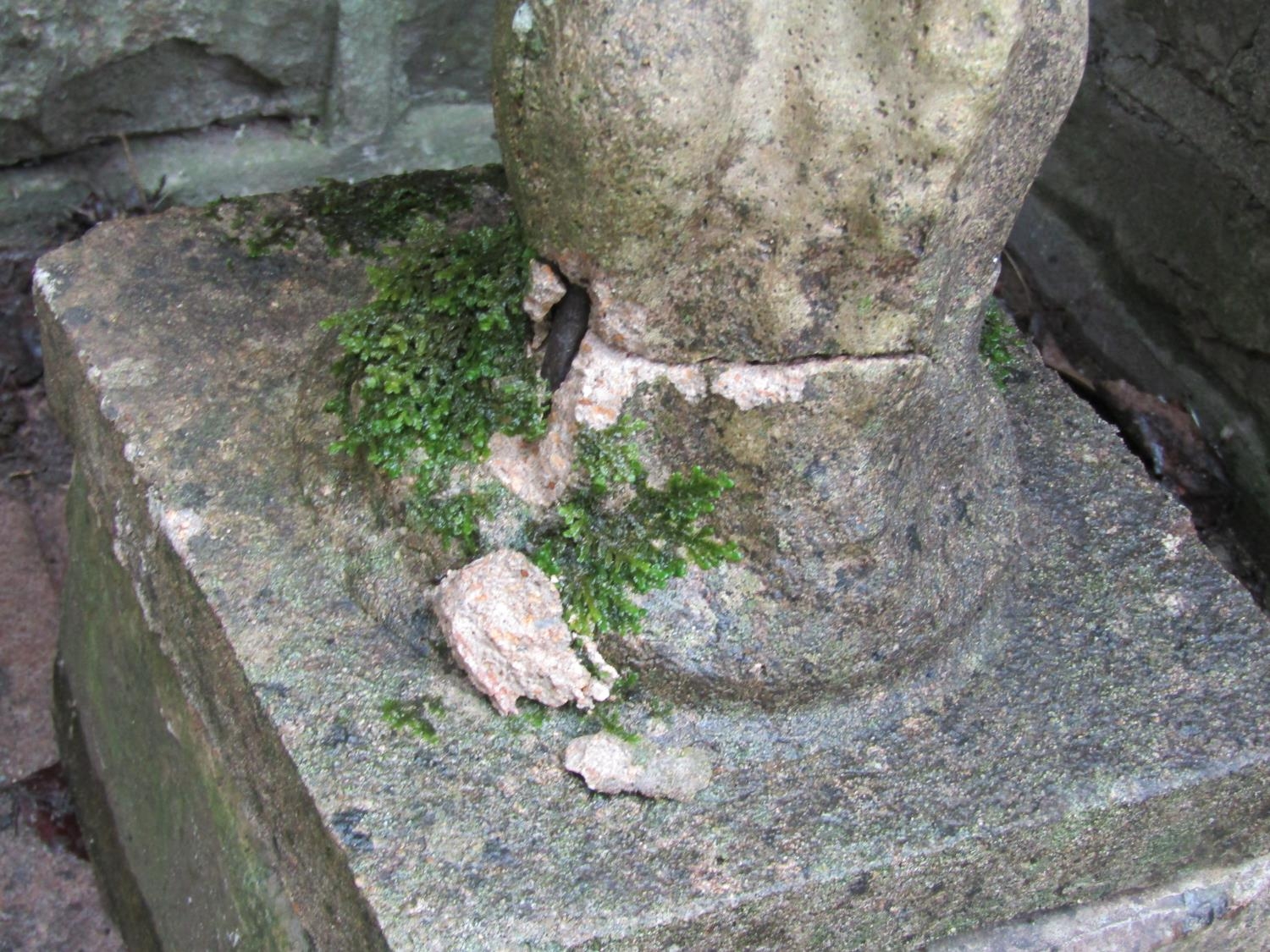 A weathered cast composition stone bird bath with standing cherub base supporting a shallow bowl ( - Image 3 of 6