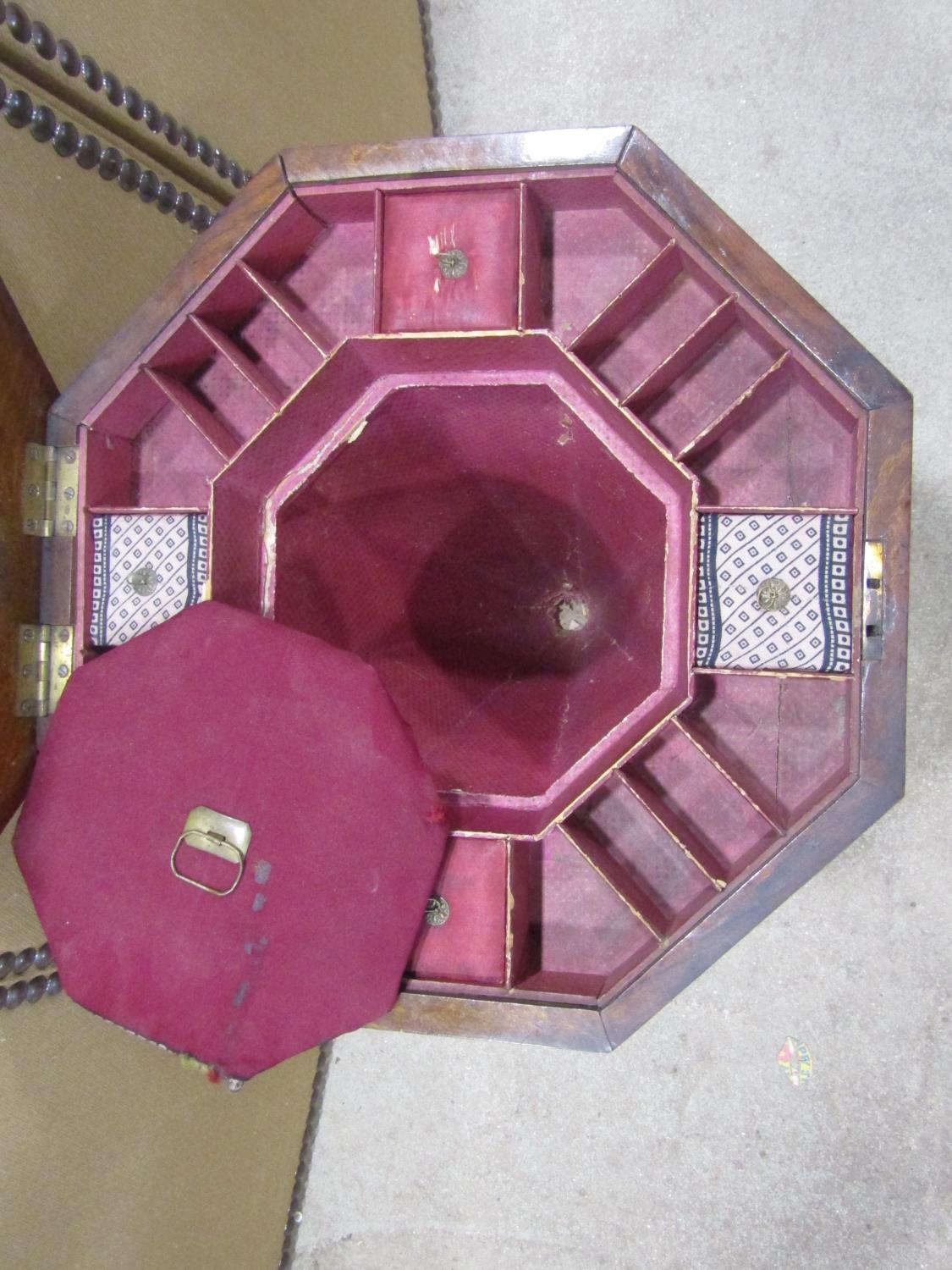 A Victorian walnut trumpet sewing table/work box, the hinged octagonal lid with inlaid floral detail - Image 3 of 3
