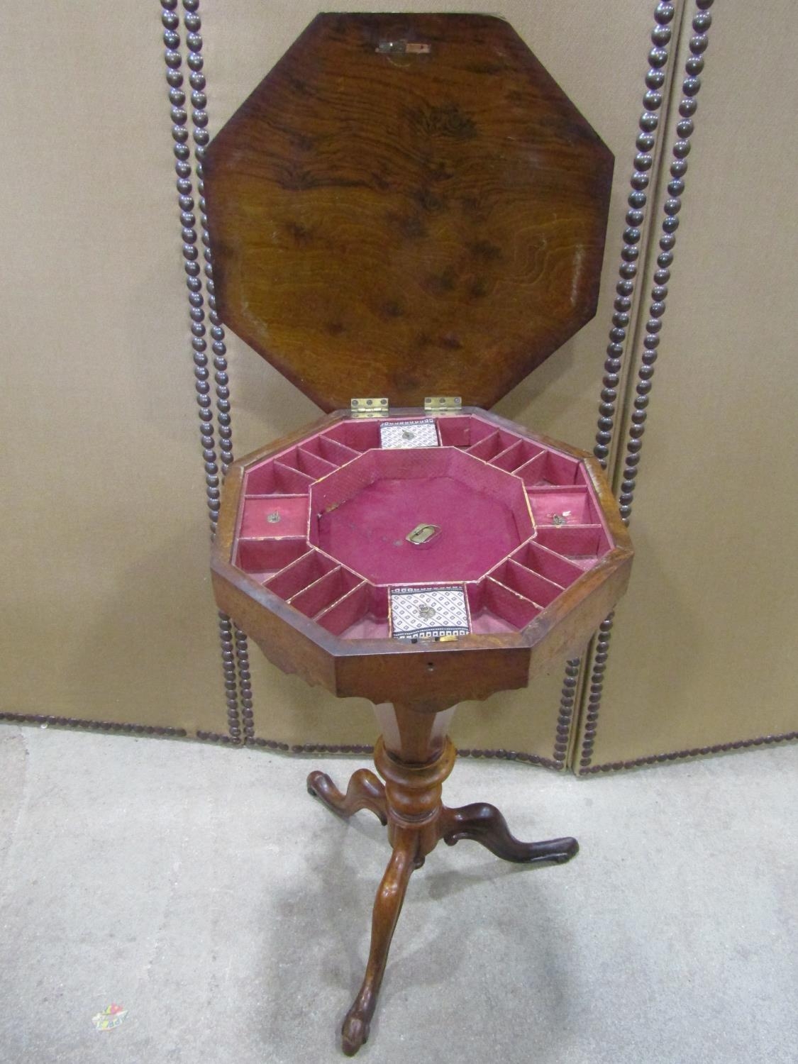 A Victorian walnut trumpet sewing table/work box, the hinged octagonal lid with inlaid floral detail - Image 2 of 3