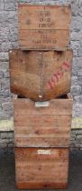 A stack of five vintage wooden packing crates of varying size some with printed lettering