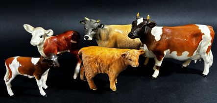 A mixed Beswick group to include a sow, Jersey cow, Ayrshire cow, a deer, calves, etc (8)