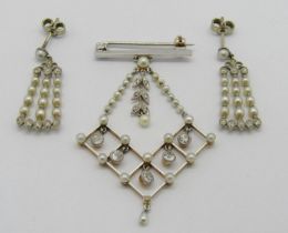 Belle Epoque pearl and diamond brooch and a similar pair of drop earrings, the brooch in bi-colour
