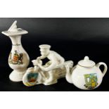 Six crested china items to include a military cap with Berkeley and Gloucester Canal and Sharpness