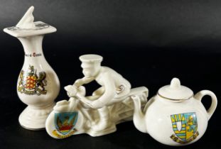 Six crested china items to include a military cap with Berkeley and Gloucester Canal and Sharpness