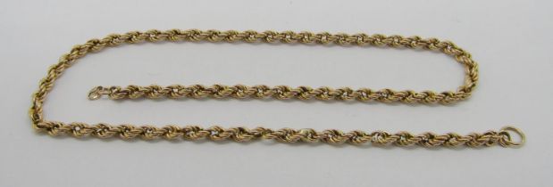 9ct rope twist chain necklace, 43cm L approx, 9.1g (no clasp)