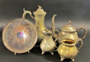 A miscellaneous collection of silver plated items including a tea service, goblets, bowls, dishes,