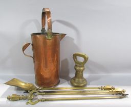 A 19th century 6 quart copper measuring jug, brass 14lb bell weight, a fire poker, tongs and a