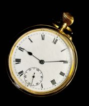 An 18ct yellow gold cased fob / pocket watch, white enamel dial with black Roman numerals and