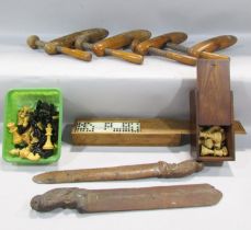 Two carved owl page turners, a boxed chess set and a loose chess set, both complete, neither