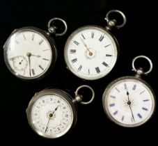 Four 19th century silver fob watches all with engraved cases, three with decorated dials, all key