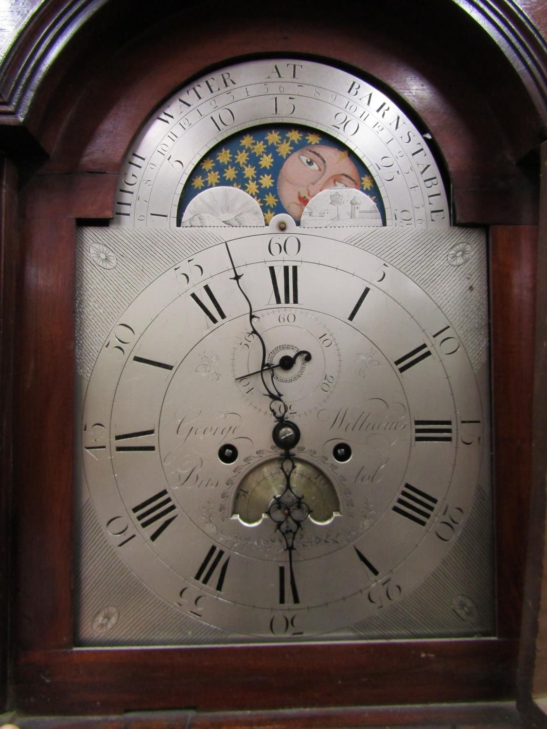 A Georgian mahogany longcase clock, the hood with swan neck pediment, the broken arch silvered - Image 2 of 4