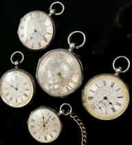 Five 19th century silver fob / pocket watches, all with engraved cases and silvered dials and with