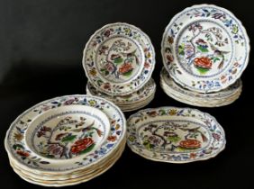 A collection of 19th century Davenport tableware with printed and infilled chinoiserie detail,