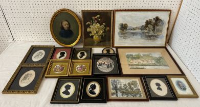 A group of paintings and prints, to include: late 19th century oval portrait of a young girl, oil on