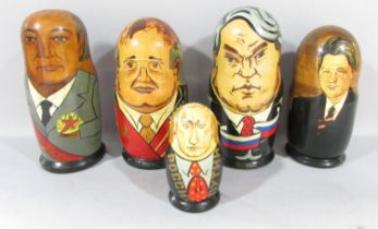 Four Soviet Union/Russian dolls of General Secretaries/Presidents, Gorbachev, Yeltsin, and Putin,