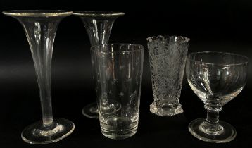 Mixed 19th / 20th century glass to include a Georgian rummer, a hop engraved beer tankard, a pair of