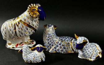 Eight Royal Crown Derby farm animal paperweights / figures including a ram, pig, horse, cockerel,