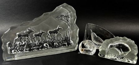 A collection of eight Art Glass / lead crystal intaglio wildlife paperweights, examples by Mats