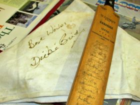 Sporting memorabilia - autograph books bearing the name of Roger Banister, miniature cricket bat