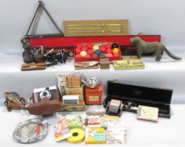 Miscellaneous collection of items including a two piece snooker cue in a case, a set of child’s