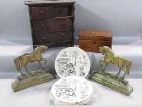 A miniature pine chest of drawers (possibly an apprentice piece) a tea caddy and pair of brass horse