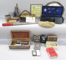 A mixed collection to include penknives, coinage, badges, lighters, vintage costume jewellery,