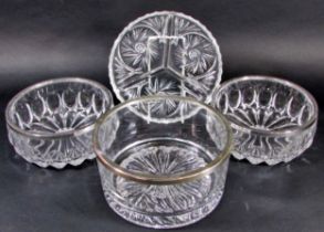 Seven circular glass bowls of varying size with silver plated collars and two cut glass hors d'