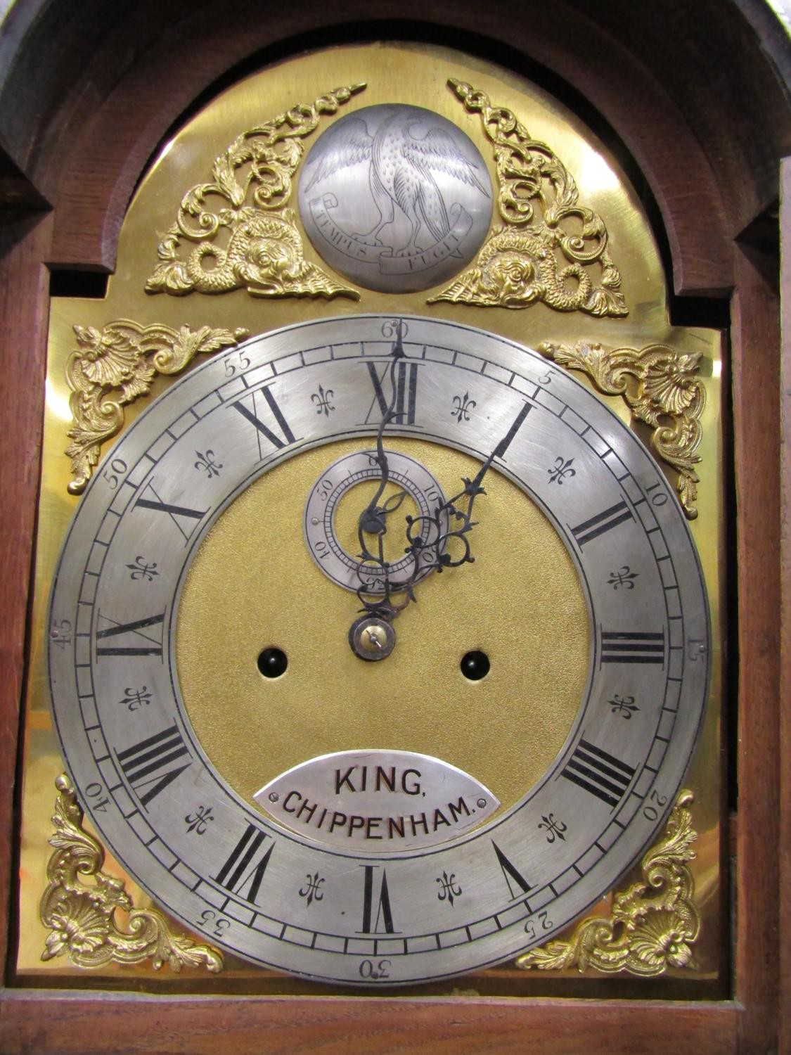 A 19th century oak longcase clock the hood with swan neck pediment enclosing a broken arch brass - Image 2 of 5