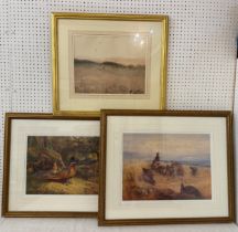 A Watercolour and two prints to include: a watercolour of figures amongst tall grass at dusk,