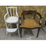 A good quality oak bergere seated office chair, together with an over-painted child’s nursery