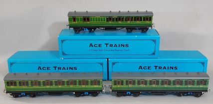 3 boxed 0 gauge Southern Rail coaches by Ace Trains comprising 2x First and 1x Brake Coach all in SR