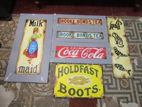 Six hand painted on white board vintage style advertising signs of varying size - Hold fast boots,