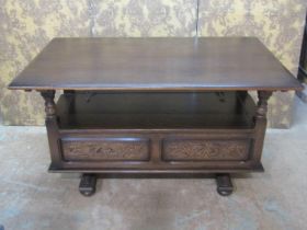 An Old Charm monks bench/table with sliding rectangular top over open shaped arms and hinged box