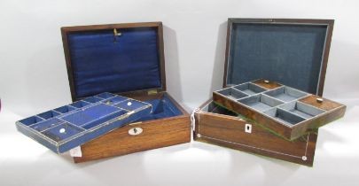 Two 19th century rosewood sewing boxes, one with Mother of Pearl decoration, both with compartmented