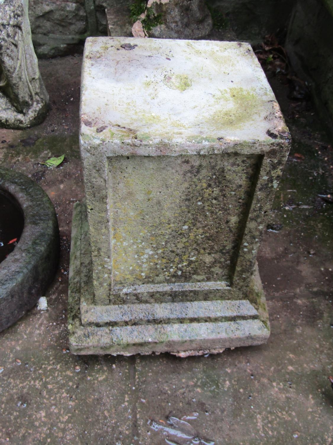A weathered cast composition stone bird bath with standing cherub base supporting a shallow bowl ( - Image 6 of 6