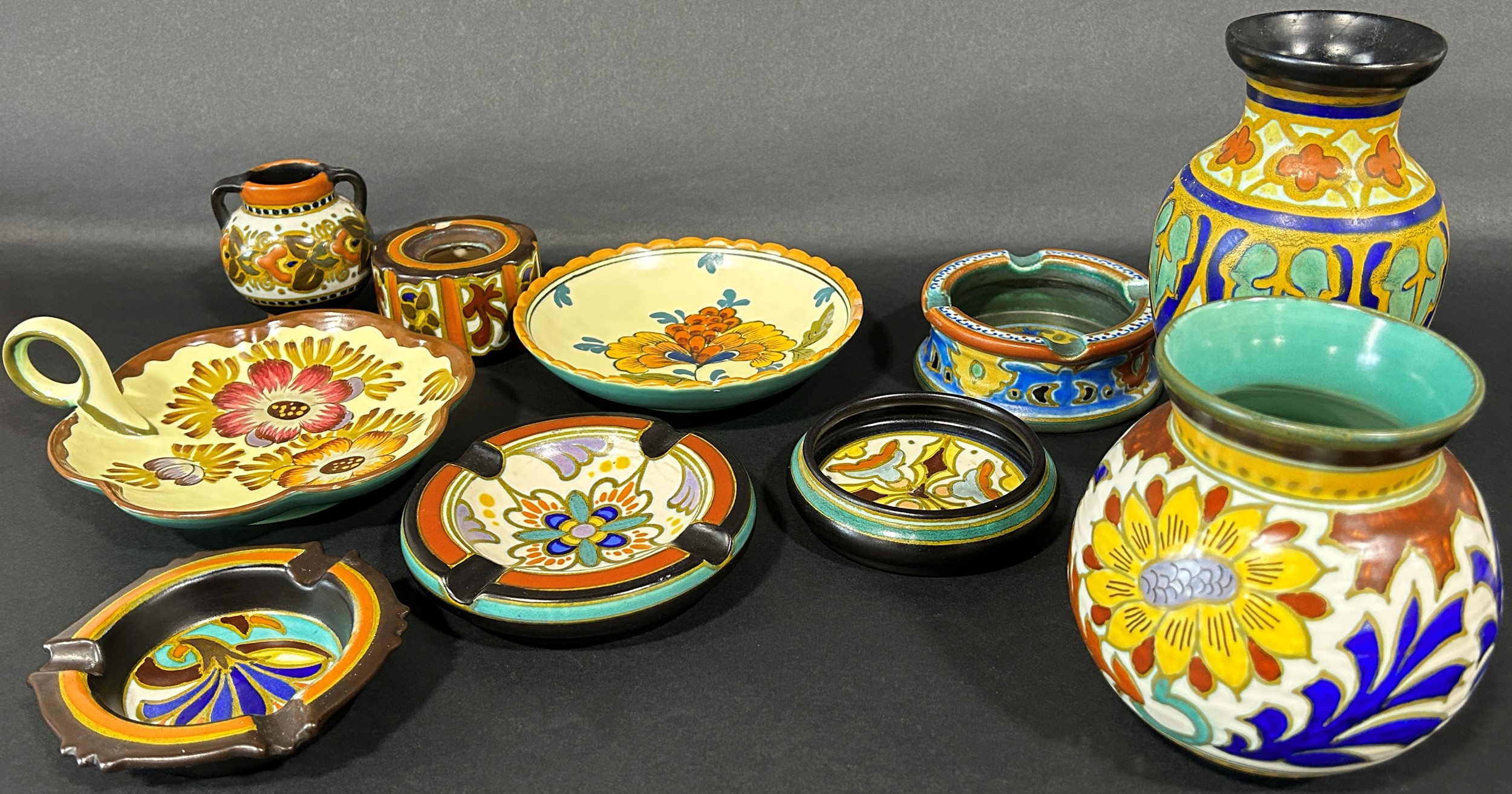 A collection of traditional Gouda ware comprising vases, dishes, small ornamental pieces and seven - Image 2 of 6