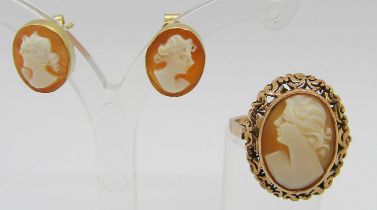 Pair of 18ct cameo stud earrings, 1.5g, together with a yellow metal cameo ring, indistinctly