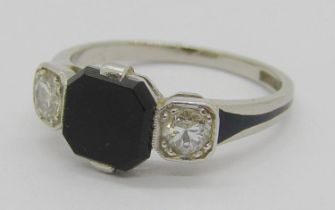 Art Deco octagonal-cut onyx and diamond three stone ring, diamonds 0.15ct each approx, shank stamped